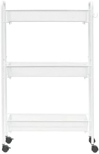 3 Tier Slim Rolling Storage Cart for Narrow Spaces, Metal Utility Organizer with Mesh Baskets, Lockable Wheels, Hanging Hooks, Rust-Resistant Finish for Bathroom, Laundry Room, Kitchen, White
