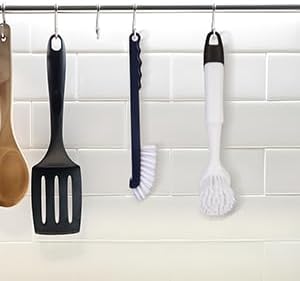 Dish Brush with Handle, Dish Scrub Brush with Built-in Scraper, Nylon Dish Scrubber, Kitchen Brushes for Dishes,Pots, Pans and Sinks 2 Pack