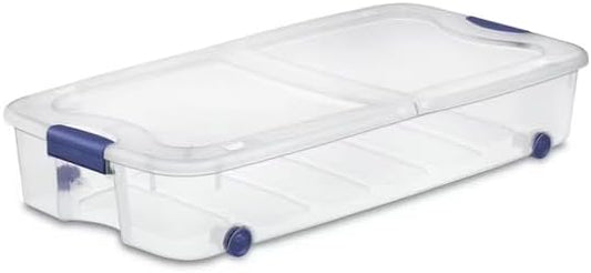 The 66 Quart Clear Underbed Storage Container with Latch Lid and Wheels, Blue