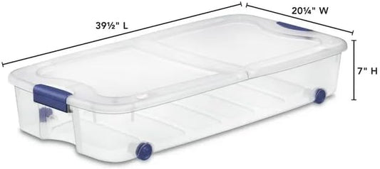 The 66 Quart Clear Underbed Storage Container with Latch Lid and Wheels, Blue