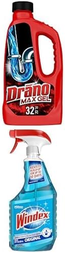 Drano Max Gel Drain Clog Remover & Windex Glass Cleaner - Includes 1 32 oz bottle of Drano Drain Clog Remover + 1 23 oz spray bottle of Windex Glass Cleaner