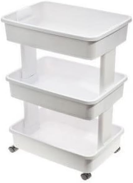 3-Tier Plastic Rolling Laundry Cart, Arctic White, Slim Slide Out Utility Storage Trolley with Lockable Wheels, Space Saving Organizer for Laundry Room, Bathroom, Narrow Gap, Bedroom