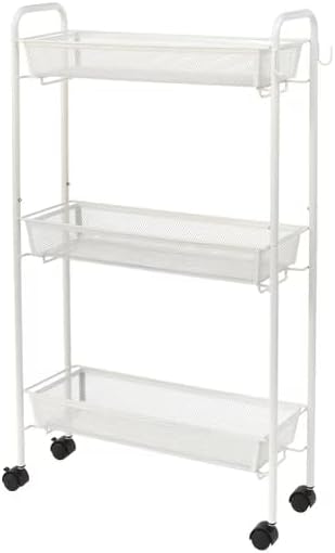 3 Tier Slim Rolling Storage Cart for Narrow Spaces, Metal Utility Organizer with Mesh Baskets, Lockable Wheels, Hanging Hooks, Rust-Resistant Finish for Bathroom, Laundry Room, Kitchen, White