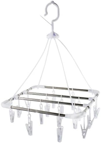 16 Clips Clothes Drying Rack, Stainless Steel Inner Rods Laundry Hanger with Windproof Hook & 360° Rotation, Space Saving Sock Dryer for Underwear, Baby Clothes, Towels, Small Laundry