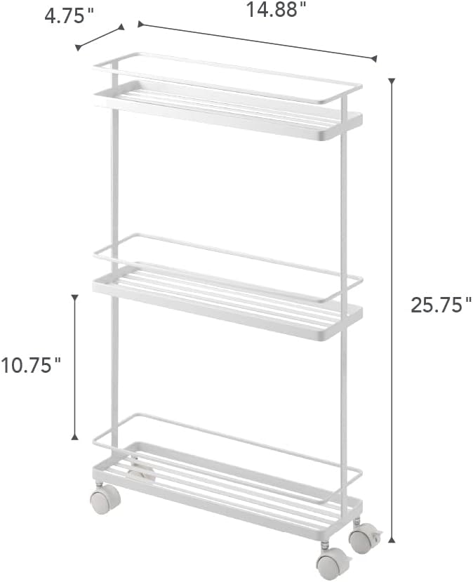 YAMAZAKI Home Tower Rolling Kitchen Island Three Tier Metal Storage Cart - Portable Organizer Shelves Utility Cart, 26" - Steel -