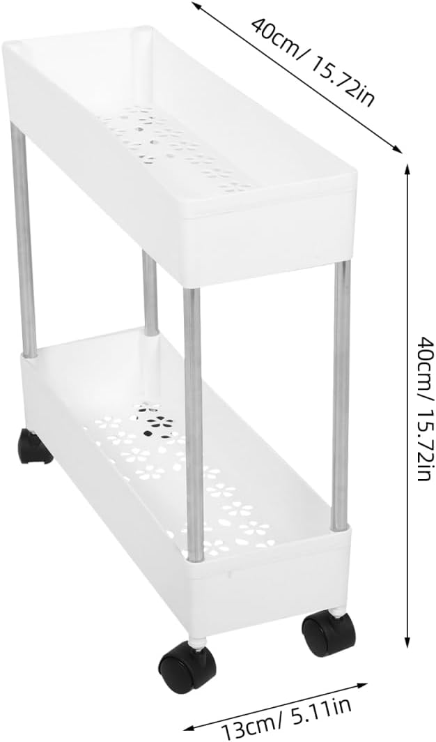 Housoutil Slim Rolling Storage Cart, 2-Tier Mobile Shelving Unit, White Plastic and Iron Trolley Rack for Kitchen, Bathroom, Office, Laundry Room, 15.74 X 15.74 X 5.11 Inches