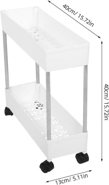Housoutil Slim Rolling Storage Cart, 2-Tier Mobile Shelving Unit, White Plastic and Iron Trolley Rack for Kitchen, Bathroom, Office, Laundry Room, 15.74 X 15.74 X 5.11 Inches