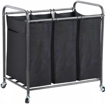 STO STO Laundry Sorter 3 Section, 3 Bag Clothes Hamper, Rolling Laundry Cart Basket with Heavy Duty Lockable Wheels and Removable Bag for Laundry Room, Bedroom, Closet, Gray