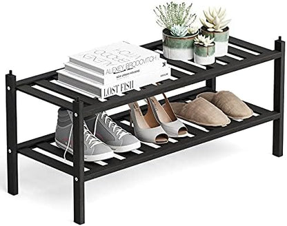 Dranixly Shoe Rack, 2-Tier Bamboo Stackable Shelf Storage Organizer, Stand for Closet, Entryway, Hallway, Bathroom and Living Room（Natural）
