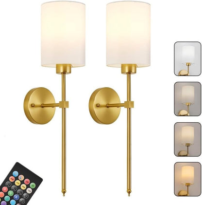 Battery Operated Wall Sconces Set of Two,Wireless Rechargeable Wall Light With Remote Control, Dimmable, Amber Light/Warm White/Natural White/Daylight/RGB, Timer,for Living Room,Bedroom,Entryway,Gold