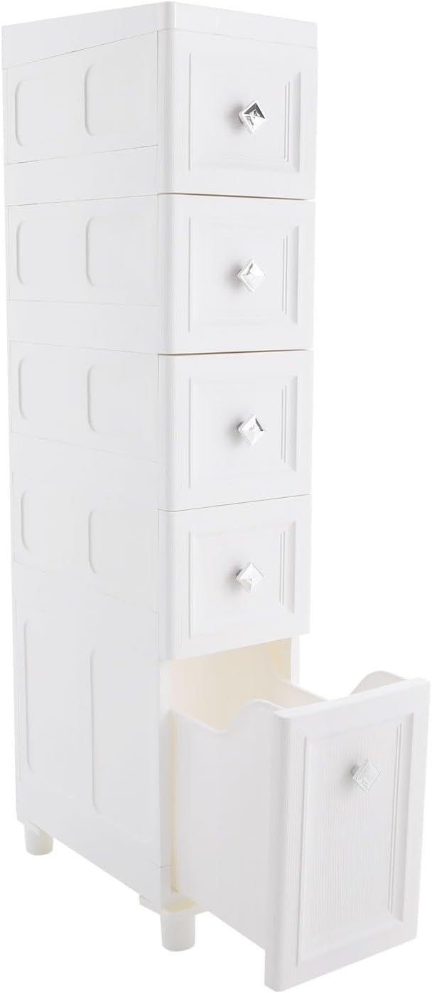 Slim Bathroom Storage Cabinet Freestanding Narrow Plastic Rolling Cart Bathroom Organizer with Drawers for Small Space Office, White (4-Tier)
