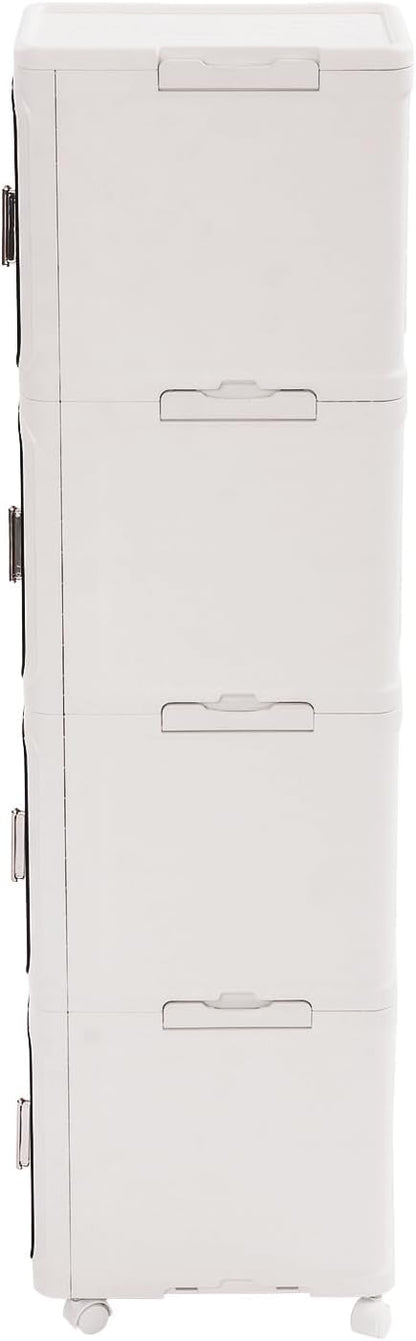 4-Tier Stackable Narrow Storage Cabinet with Wheels and Doors,Slim Plastic Rolling Cart with Adjustable Shelves,Foldable Floor Cabinets for Small Space, Bathroom,Kitchen,Beige