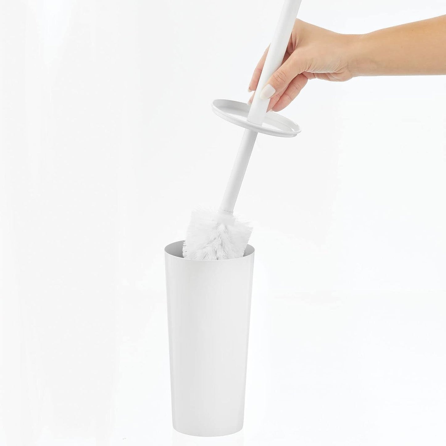 mDesign Metal Freestanding Slim Toilet Bowl Brush and Holder + Rectangle Narrow 5 Liter / 1.3 Gallon Step Pedal Trash Can Wastebasket for Bathroom - Small, Compact Design - Set of 2 - Brushed/Chrome