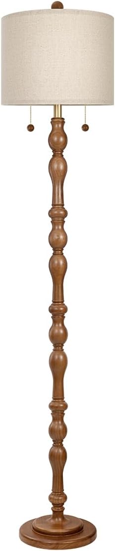 Scenekoy 65.5” Natural Real Wood Floor Lamp for Living Room Bedroom, Dual S Cluster Socket, Pull Chains Switch, Farmhouse Tall Standing Lamp with Linen Shade for Home Room Decor (Bulbs Included)
