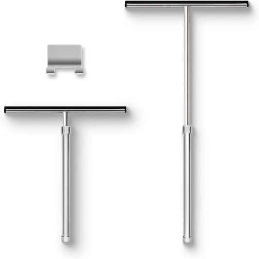 Shower Squeegee with Long Handle and Adhesive Hook. for Glass Doors, Tile Walls, Mirrors and Windows. Telescoping Squeegee for Cleaning. Bathroom Stainless Steel Squeegee, 10inch Wide, Chrome – 1pk