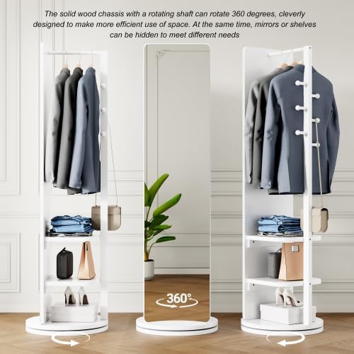 Full Length Mirror with Coat Rack & Storage, 360° Rotating Solid Wood Standing Floor Mirror with Shelves for Bedroom, Entryway, Dressing Room (Natural Wood, 66" x 18")