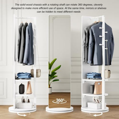 Full Length Mirror with Coat Rack & Storage, 360° Rotating Solid Wood Standing Floor Mirror with Shelves for Bedroom, Entryway, Dressing Room (Natural Wood, 66" x 18")