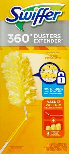 Swiffer Duster Kit with 3 ft Extendable Handle | Includes 1 Duster Extendable Handle (3 ft). 3 Heavy Duty Duster Refills. For Ceiling Fans, Vents, and Hard to Reach Places