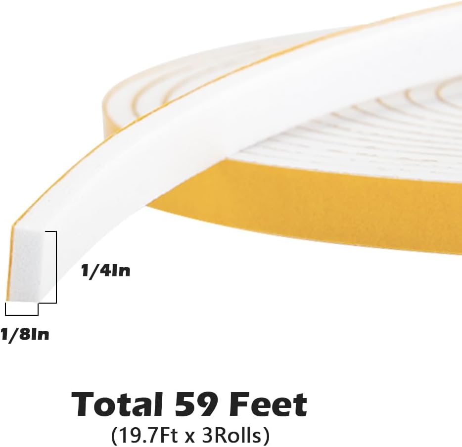 ToLanbbt White Door Window Weather Stripping Self Adhesive Foam Tape High Density Foam Sealing Strip Window Insulation Weatherproof Gasket Tape for Doors and Windows (1/2" W X 1/8" T X 16.5')