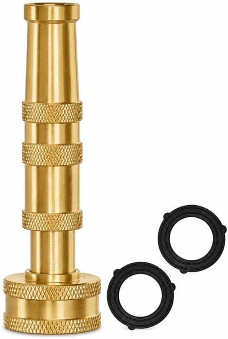 Morvat Solid Brass Metal Twist Garden Hose Nozzle, Heavy Duty Adjustable Pressure Spray Attachment, High Power Water Jet Sprayer with 4 Holes & ¾” Standard Threading, Includes 2 Extra Rubber Washers
