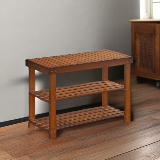 SONGMICS Shoe Rack Bench, 3-Tier Bamboo Shoe Storage Organizer, Entryway Bench, Holds Up to 286 lb, 11.3 x 27.6 x 17.8 Inches, for Entryway Bathroom Bedroom, Ink Black ULBS04H