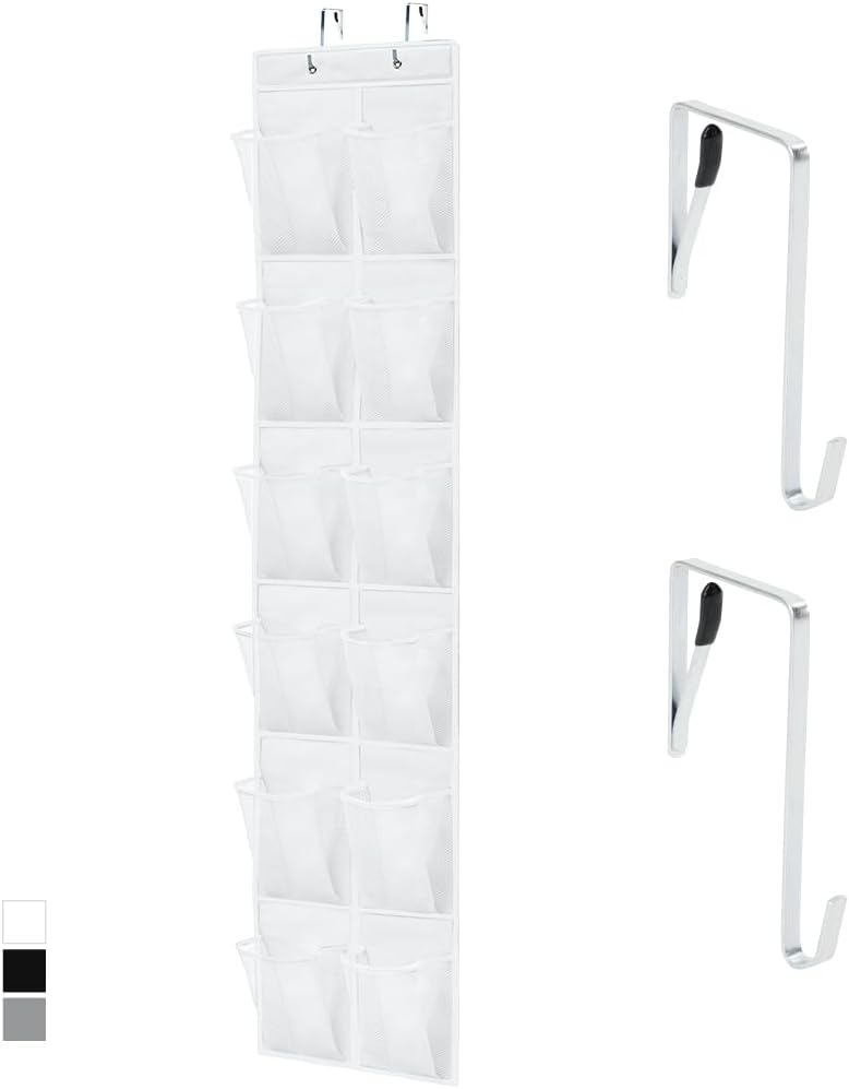 GORILLA GRIP Over the Door Shoe Organizer, 24 Large Breathable Mesh Pockets, Space Saving Hanging Storage Holder, Closet Rack Hanger Holds Up to 40 lbs, Hangs on Closets for Shoes, Accessories, Grey