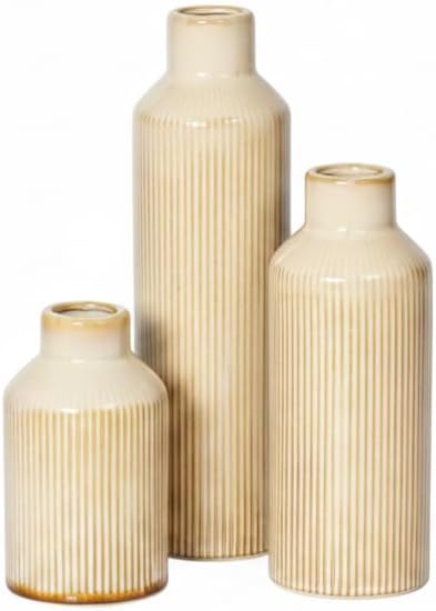 Brown Ceramic Vase Set of 3 - Rustic Farmhouse Vases for Centerpieces Small Modern Decorative Vase for Flower Kitchen Bathroom Bedroom Living Room Shelf Home Decor