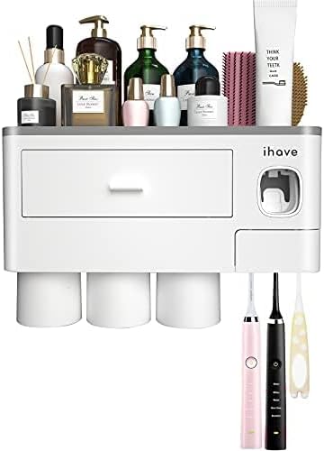 iHave Toothbrush Holders for Bathrooms, 2 Cups Toothbrush Holder Wall Mounted with Toothpaste Dispenser - Large Capacity Tray, Cosmetic Drawer - Tooth Brushing Holder & Bathroom Accessories