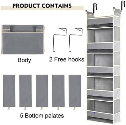 Over The Door Organizer 5-Shelves and 10 Side Pockets, Over The Door Storage for Bathroom Bedroom Nursery, Hanging Door Organizer for Baby Diapers and Kids Toys (13"x5"x44", Grey)