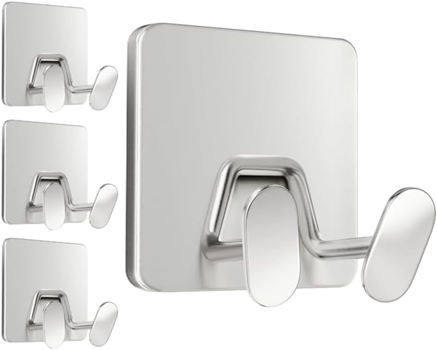 susswiff Shower Hooks for Inside Shower - Extra Sticky Stainless, Razor Holder Accessories, Wall Mounted Self-Adhesive Double Hooks for Razor, Loofah, Towel, Shaver, Coat, Key, Silver 6 Pack