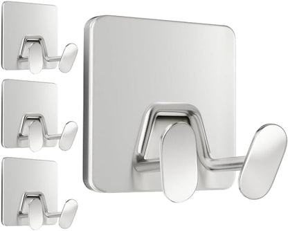 susswiff Shower Hooks for Inside Shower - Extra Sticky Stainless, Razor Holder Accessories, Wall Mounted Self-Adhesive Double Hooks for Razor, Loofah, Towel, Shaver, Coat, Key, Silver 6 Pack
