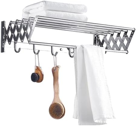 Stainless Steel Wall Mounted Towel Rack Clothes Airer Laundry Drying Rack Folding Adjustable Collapsible Space Saver Dryer Bath Towel Rail Bar with Hooks(Size:60cm)