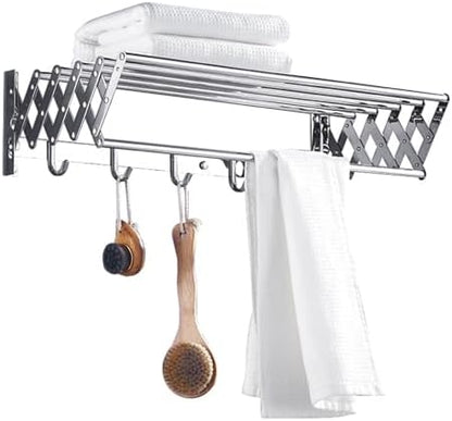 Stainless Steel Wall Mounted Towel Rack Clothes Airer Laundry Drying Rack Folding Adjustable Collapsible Space Saver Dryer Bath Towel Rail Bar with Hooks(Size:60cm)