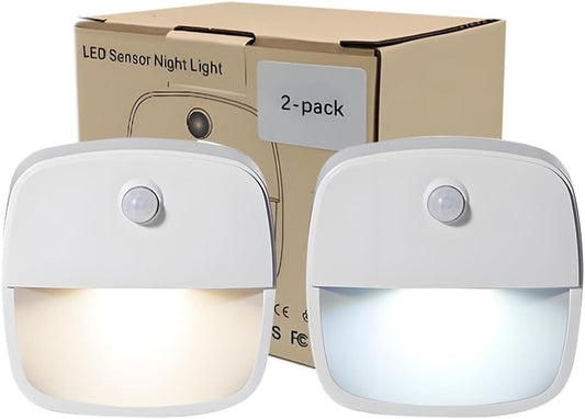 Consss Motion Activated Night Light,Nightlights with Light Sensors Dual Color Modes 6000K White Light/3000K Warm Light Adhesive Installation for Bedroom, Kitchen, Stairs, Hallway,Garage,2 Pack