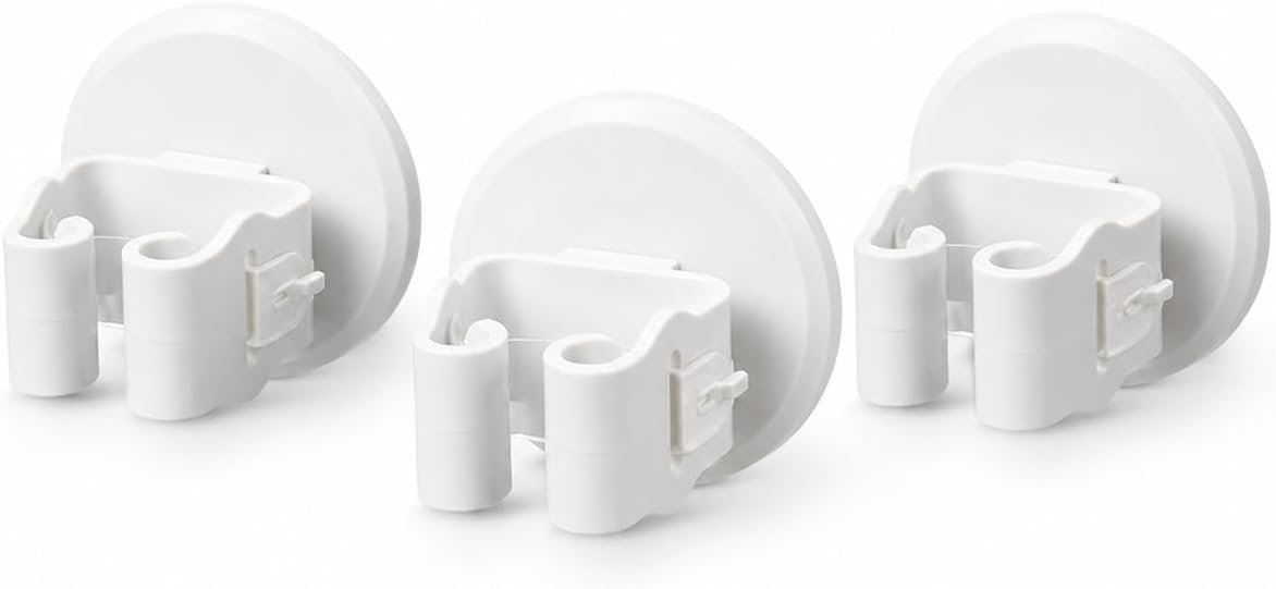 Broom and Mop Holder, Wall Mounted Round Clips, White ABS, No Drill Adhesive, 3 Pieces, Cleaning Tool Organizer for Kitchen, Bathroom, Garage