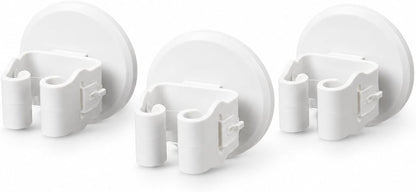 Broom and Mop Holder, Wall Mounted Round Clips, White ABS, No Drill Adhesive, 3 Pieces, Cleaning Tool Organizer for Kitchen, Bathroom, Garage