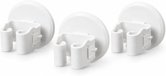 Broom and Mop Holder, Wall Mounted Round Clips, White ABS, No Drill Adhesive, 3 Pieces, Cleaning Tool Organizer for Kitchen, Bathroom, Garage