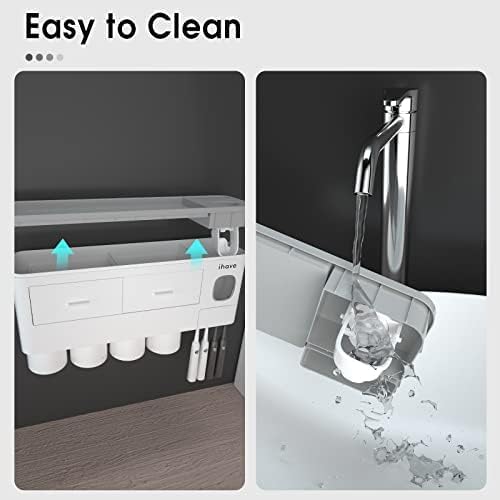 iHave Toothbrush Holders for Bathrooms, 2 Cups Toothbrush Holder Wall Mounted with Toothpaste Dispenser - Large Capacity Tray, Cosmetic Drawer - Tooth Brushing Holder & Bathroom Accessories