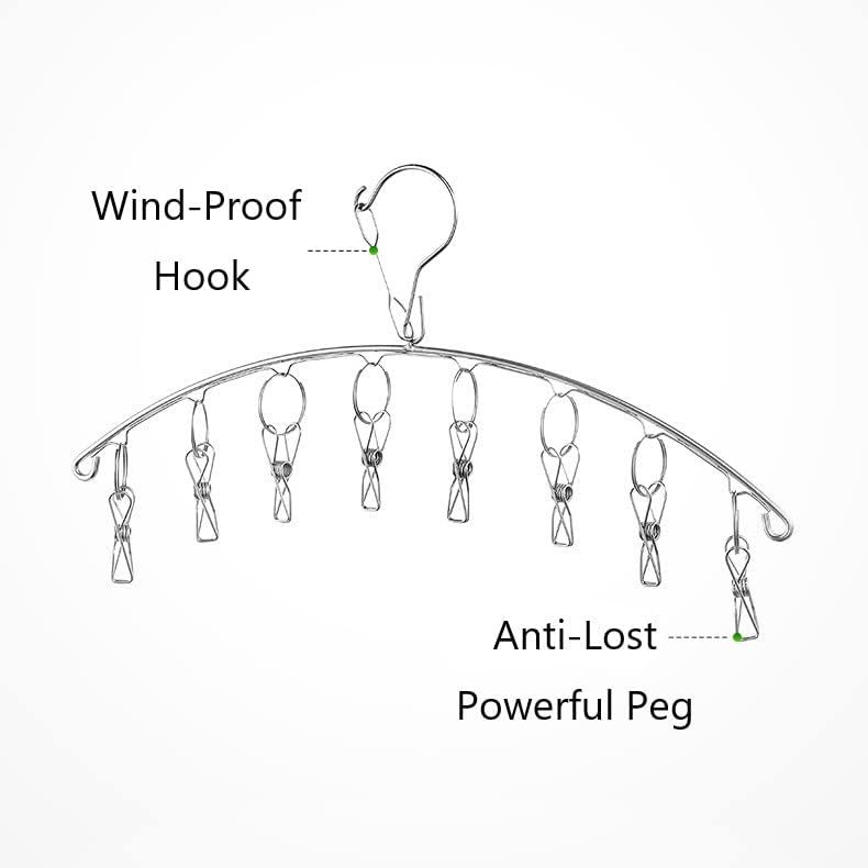 Stainless Steel Laundry Drying Rack Clothes Hanger with Windproof Hook,Underwear Hanger,Clothes Hangers with 8 Clips for Drying Socks,Diapers,Baby Clothes(2 Pack)
