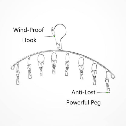 Stainless Steel Laundry Drying Rack Clothes Hanger with Windproof Hook,Underwear Hanger,Clothes Hangers with 8 Clips for Drying Socks,Diapers,Baby Clothes(2 Pack)