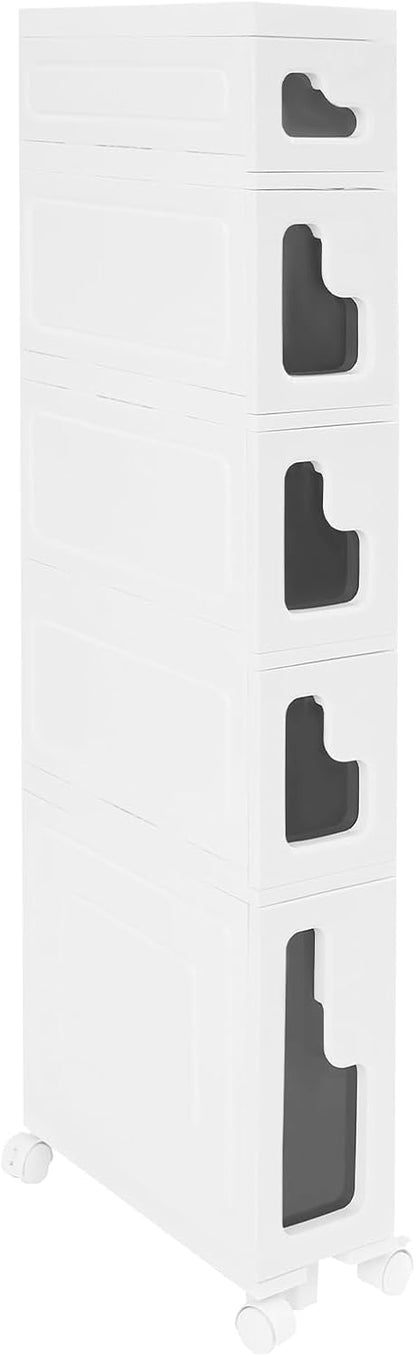Narrow Bathroom Storage Cabinet with Drawers, 5.5" Slim Floor Standing Rolling Cart on Lockable Wheels, PP Unit with Toilet Paper Holder for Small Space, Kitchen, Laundry Room (3 Tier)