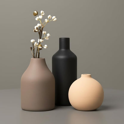 Ceramic Vase Set of 3 - Modern Farmhouse Decorative Vases for Home Decor. Boho, Rustic Vase, Small Neutral Pottery Vase Sets for Table, Shelf, Entryway, Living Room, Kitchen, Bedroom, Bathroom, Office