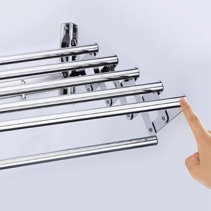 Stainless Steel Wall Mounted Towel Rack Clothes Airer Laundry Drying Rack Folding Adjustable Collapsible Space Saver Dryer Bath Towel Rail Bar with Hooks(Size:60cm)
