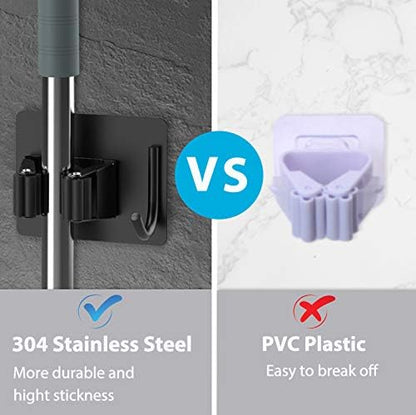 homeasy Mop Broom Holder No Drill, Mop Broom Organizer Wall Mounted Heavy Duty with Hooks Hanger, Self Adhesive Stainless Steel 4Pcs for Bathroom, Kitchen, Office (Silver)