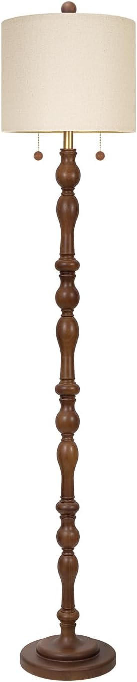 Scenekoy 65.5” Natural Real Wood Floor Lamp for Living Room Bedroom, Dual S Cluster Socket, Pull Chains Switch, Farmhouse Tall Standing Lamp with Linen Shade for Home Room Decor (Bulbs Included)