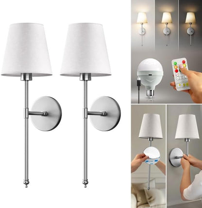 PRIDOLA Set of 2 Wireless Wall Sconces – Stick-On or Screw Mount - Rechargeable LED Bulbs, Remote Controlled, Adjustable Brightness & Warmth, Easy Installation, Living Room Wall Decor (Gold)
