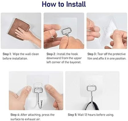 Heavy Duty Adhesive Wall Hooks Large 24 Pack, Transparent, Waterproof, Damage-Free, Sticky Hook for Hanging Upto 50lbs, No Tools Required, no Drill, for Kitchen, Shower, Tile etc.