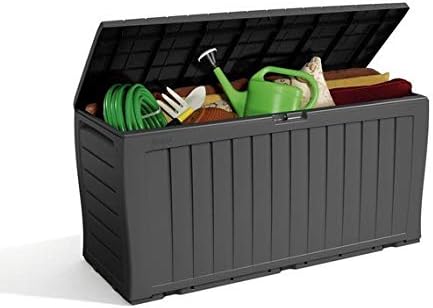 Keter Marvel+ 270L Outdoor 65% recycled Garden Furniture Storage Box Graphite Wood Panel Effect | Fade Free | All Weather Resistant | Safe and Secure | Zero Maintenance | 2 year Warranty