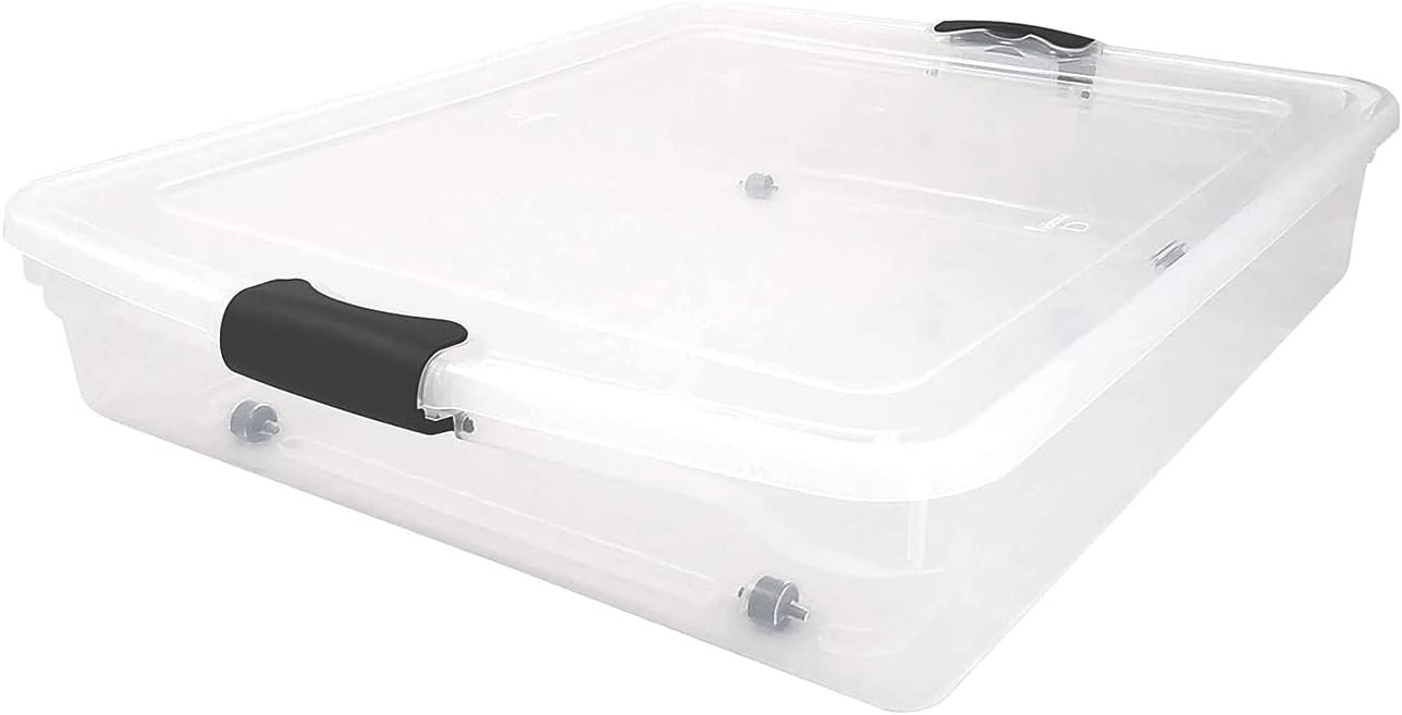 HOMZ 2-Pack Under Bed Storage, Clear Plastic Containers with Lids, 60 Quart, Gray Latch - Stackable Underbed Organizer Bins for Shoes, Bags, Clothes, and Towels