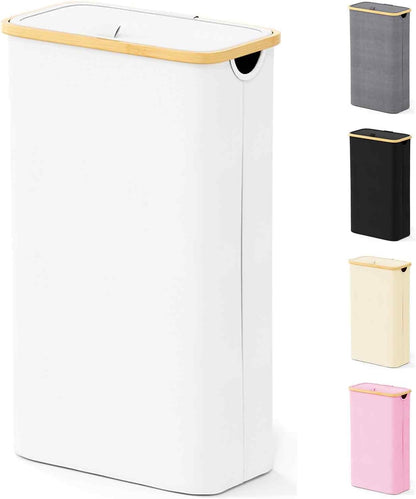 SpaceAid Double Laundry Hamper 2 Section with Lid and Removable Laundry Bags, 160L Clothes Basket with Bamboo Handles, Large Collapsible Hamper for Bedroom, Bathroom, Dorm, Laundry Room - White